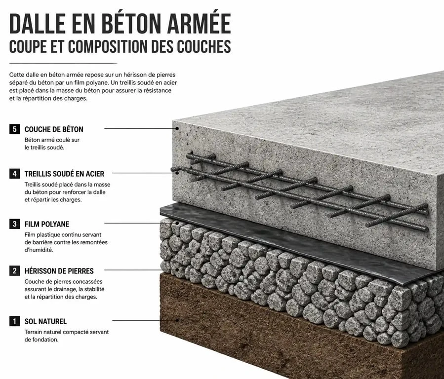 Schéma en coupe d'une dalle en béton armé avec ses différentes couches techniques