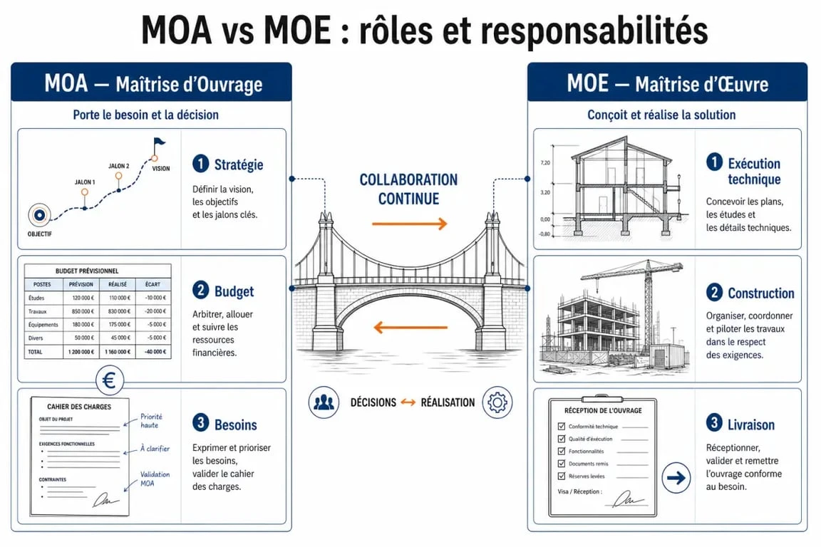Infographie comparative entre la Maîtrise d'Ouvrage (MOA) et la Maîtrise d'Œuvre (MOE) pour comprendre leurs rôles dans un projet.