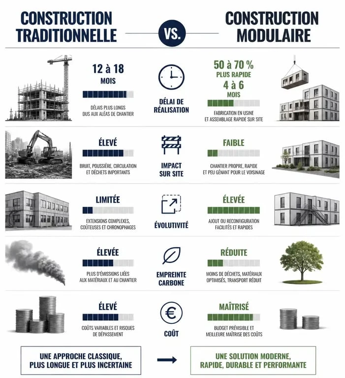 Infographie comparative : construction de bureaux modulaires vs construction traditionnelle