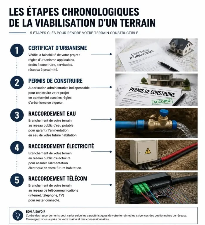 Étapes de la viabilisation d'un terrain pour le raccordement EDF, eau et téléphone
