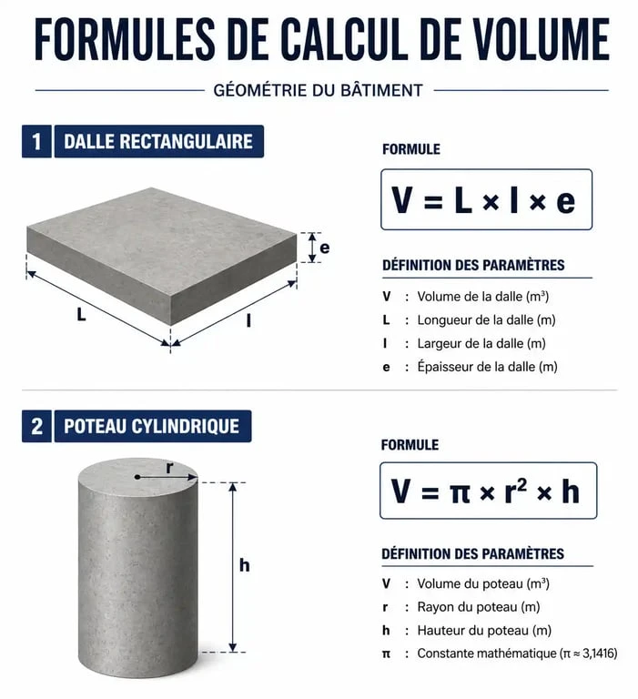 Schéma des formules pour le calcul de volume de béton en m3 pour dalle et poteau