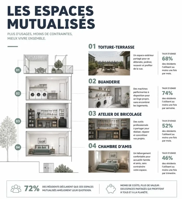Infographie sur les avantages et les espaces de l'habitat collectif moderne