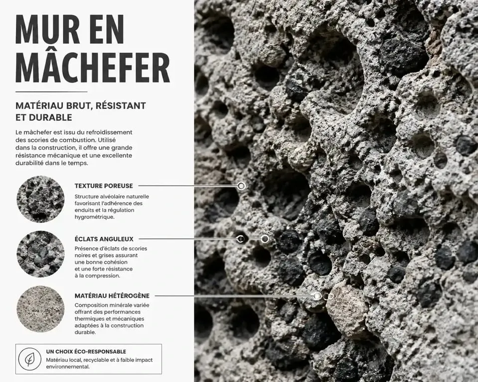Gros plan sur la texture d'un mur en mâchefer pour identification