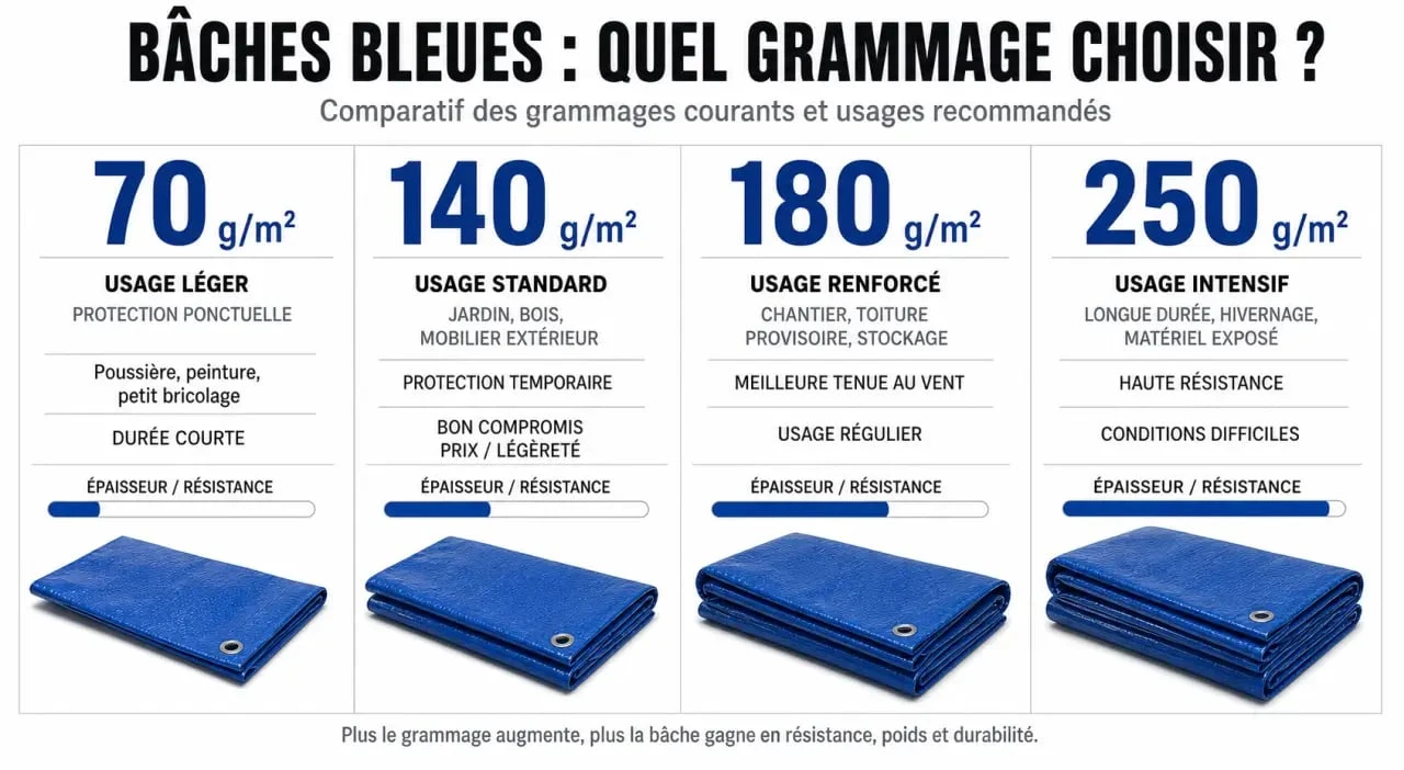 Infographie comparative des grammages et usages des bâches bleues pour le bricolage et le jardinage