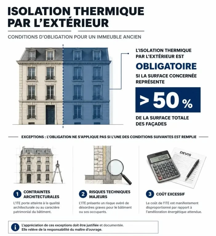 Schéma explicatif de l'obligation d'isolation extérieure pour immeuble ancien et ses exceptions