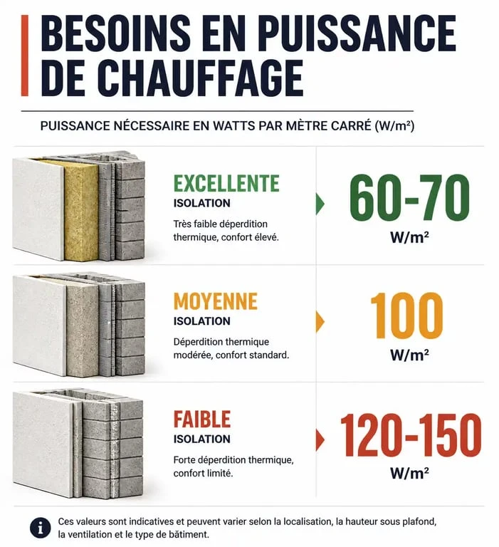 Tableau récapitulatif de la puissance de radiateur par m2 selon l'isolation du logement.