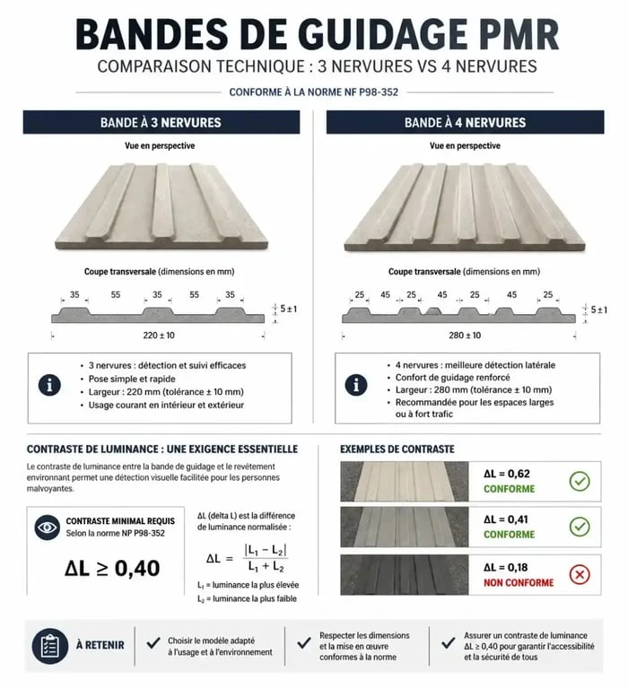 Infographie comparative des bandes de guidage PMR selon la norme NF P 98-352