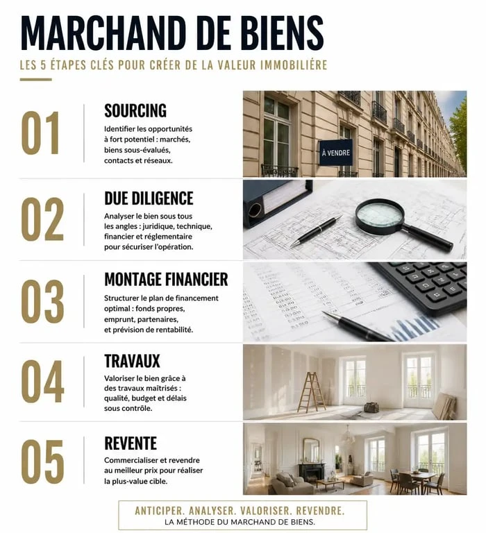 Infographie des 5 étapes pour devenir marchand de biens et réussir son opération immobilière