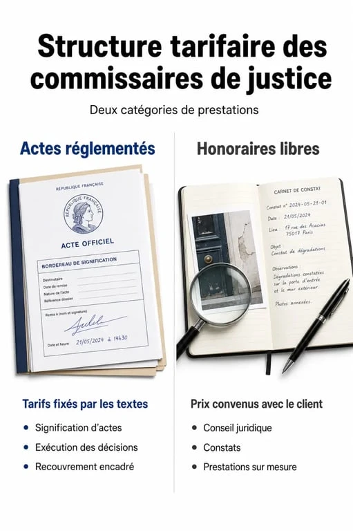 Infographie explicative sur le prix d'un huissier de justice et la différence entre actes réglementés et honoraires libres