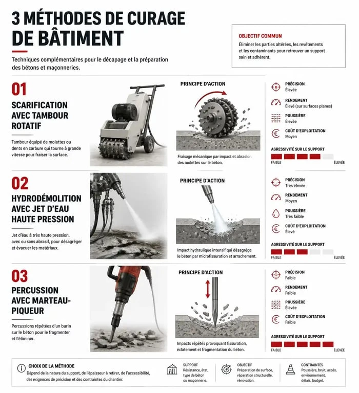 Infographie comparative des méthodes de curage de bâtiment : scarification, hydrodémolition et percussion.