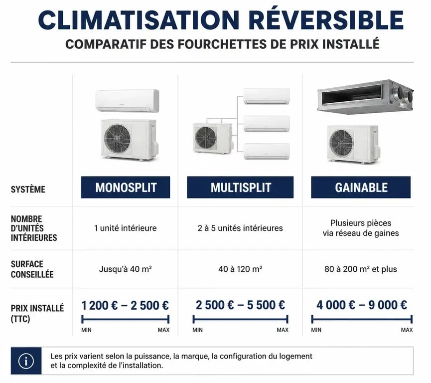Comparatif des prix d'une climatisation réversible selon le type d'installation