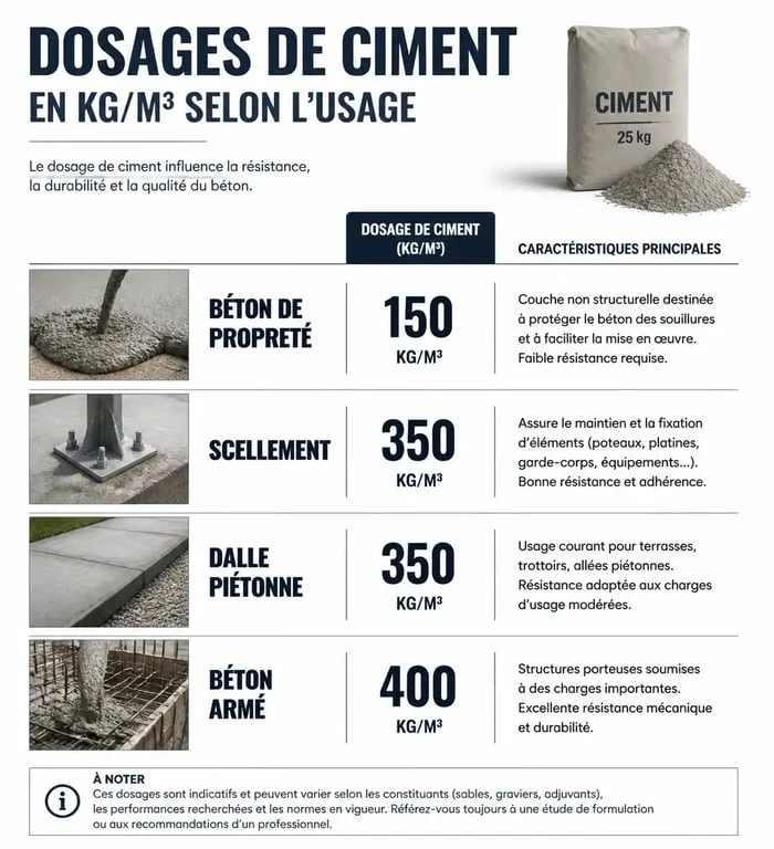 Infographie des dosages de ciment pour 1m3 de béton selon l'usage