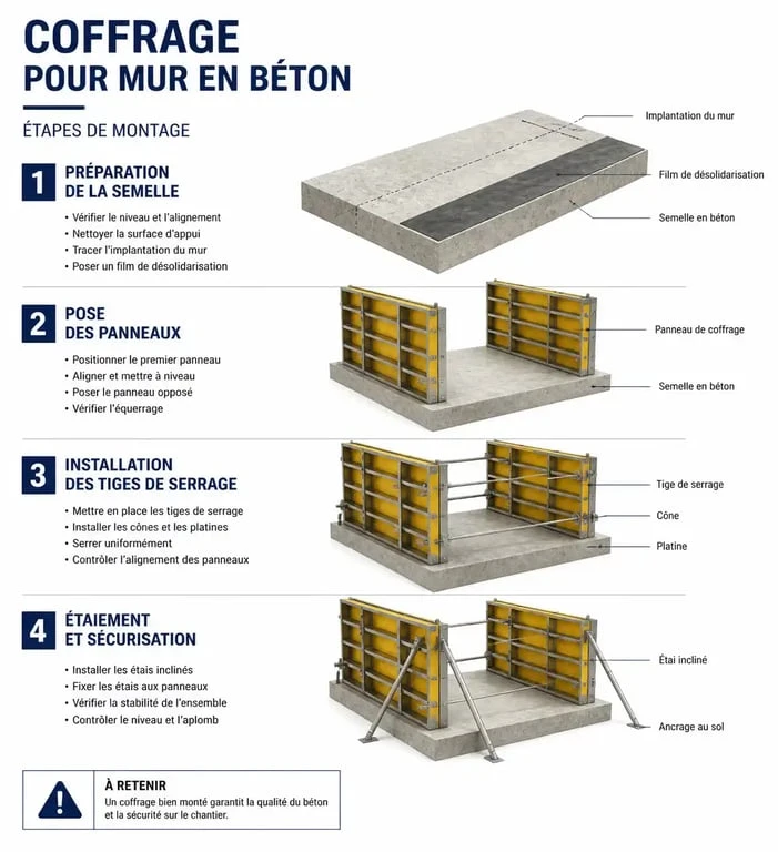Schéma technique des étapes de montage d'un coffrage pour mur en béton