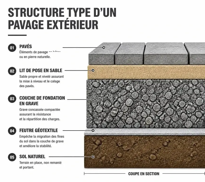 Schéma en coupe des étapes de pose pavage : fondation, géotextile et lit de sable