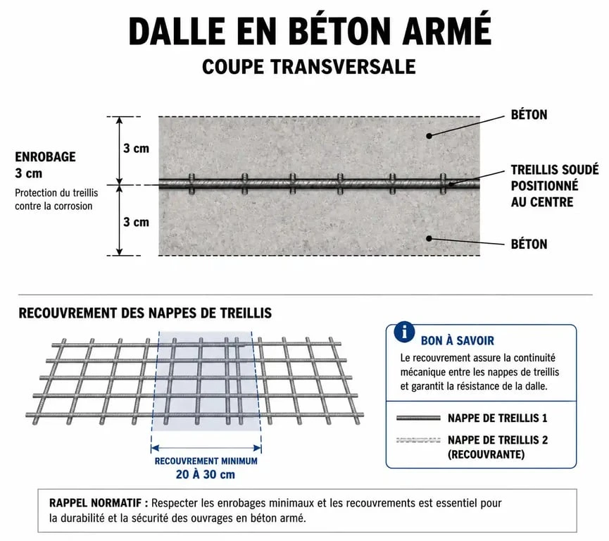 Schéma technique de ferraillage d'une dalle béton : enrobage et recouvrement du treillis soudé