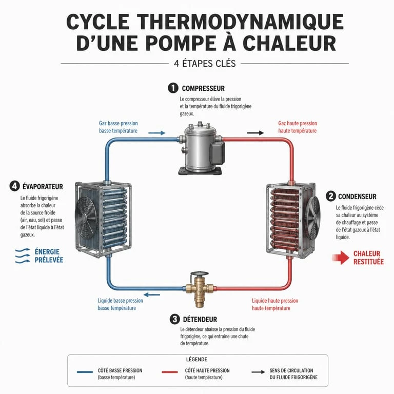 Schéma explicatif du fonctionnement d'une pompe à chaleur et de son cycle thermodynamique