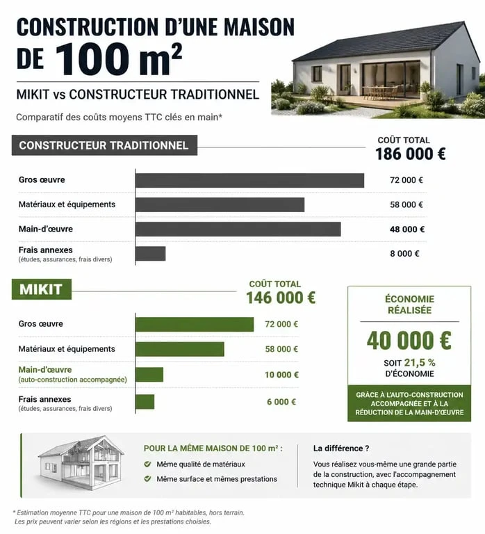 Comparatif du prix d'une maison Mikit par rapport à une construction traditionnelle pour un projet de 100m²