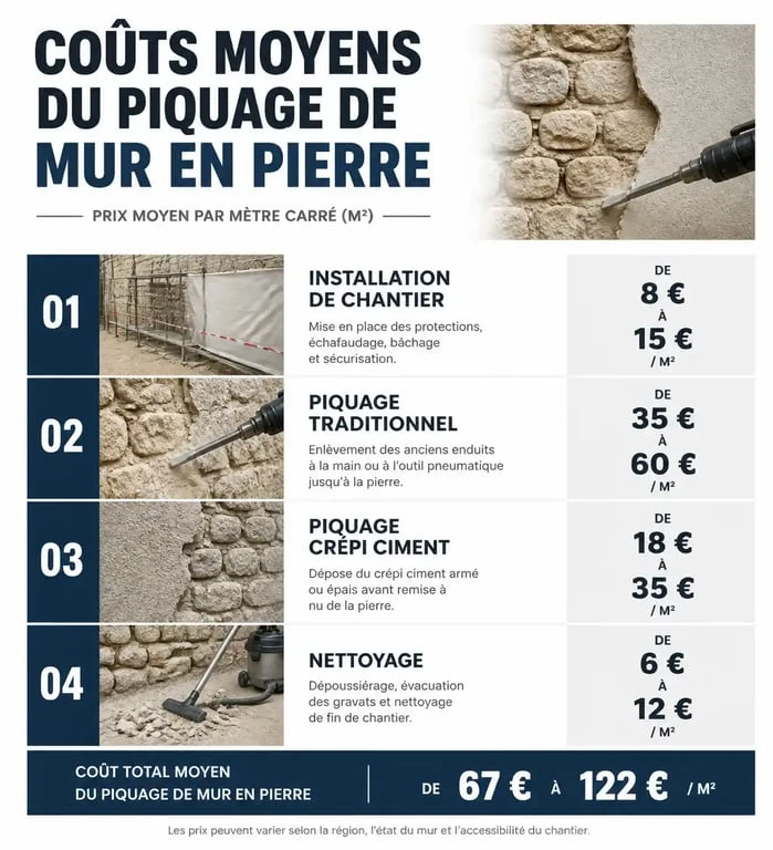 Récapitulatif des prix du piquage de mur en pierre au m2 pour vos travaux de rénovation