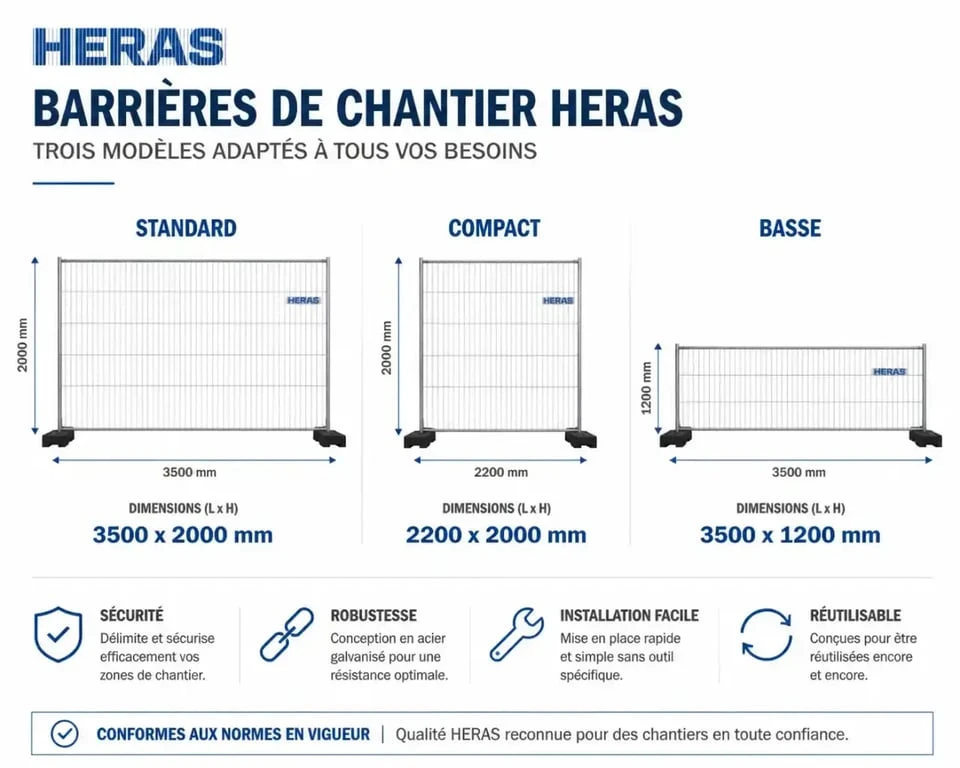 Dimensions des différents modèles de barrières Heras pour chantier