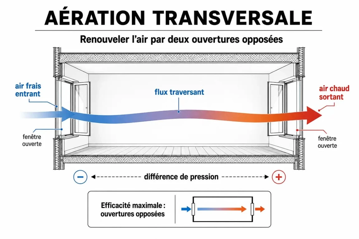 Schéma illustrant l'aération transversale pour renouveler l'air intérieur quand il pleut