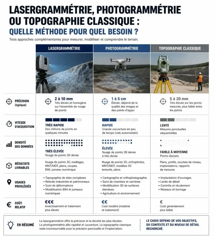 Comparatif technique entre lasergrammétrie, photogrammétrie et topographie pour le relevé 3D