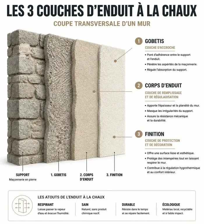 Schéma technique des trois couches d'un enduit à la chaux pour façade