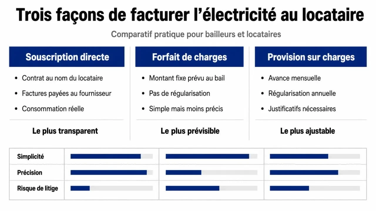 Tableau comparatif des méthodes pour facturer l'électricité au locataire en France