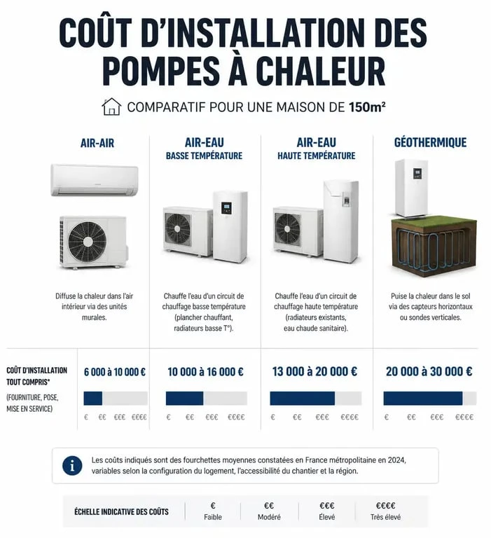 Comparatif des prix d'installation d'une pompe à chaleur pour une maison de 150m2 selon la technologie choisie