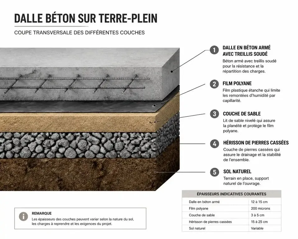 Coupe technique d'une dalle béton sur terre-plein avec hérisson drainant