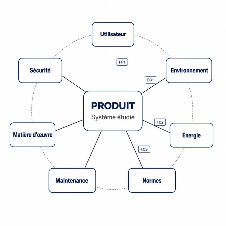 Schéma explicatif d'un diagramme pieuvre pour l'analyse fonctionnelle de produits