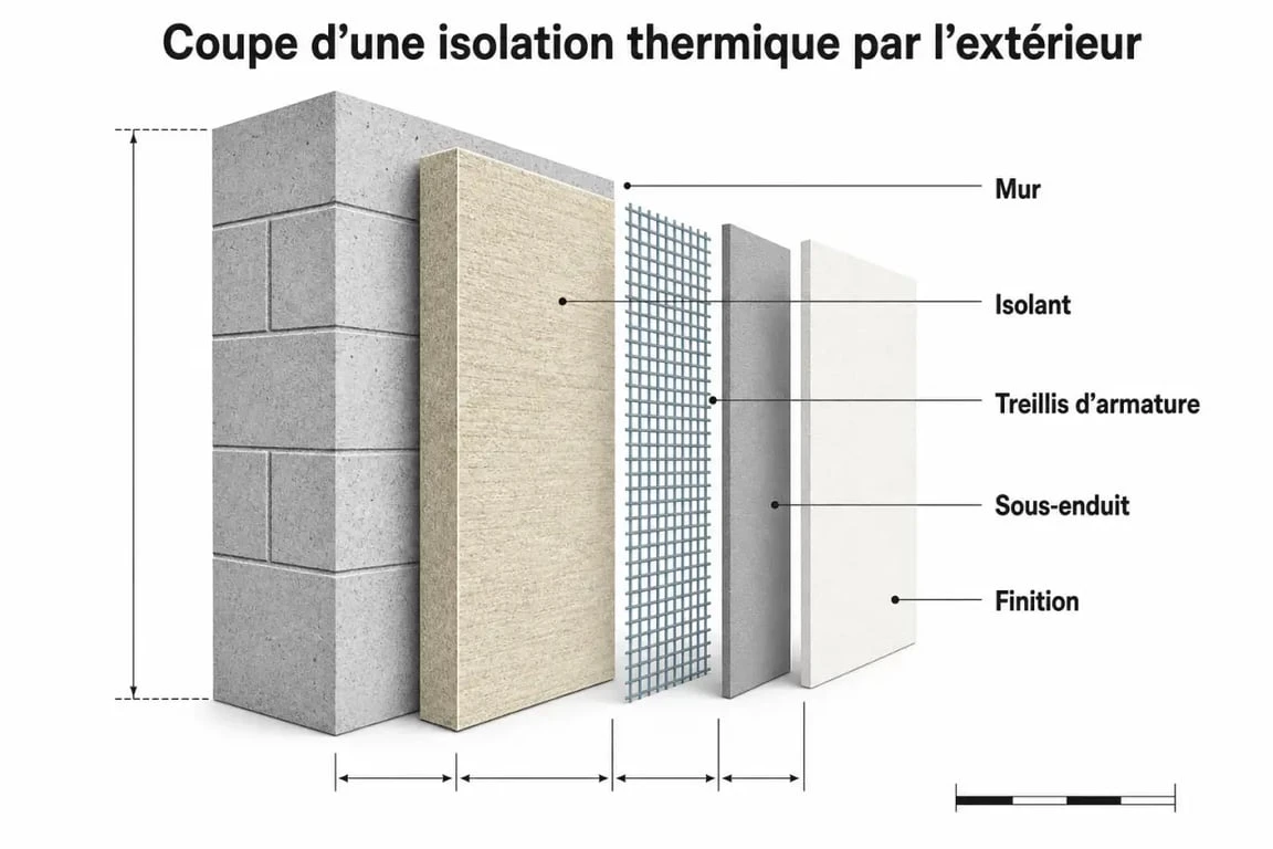 Schéma technique des couches d'une isolation thermique par l'extérieur (ITE) réalisée par un itéiste