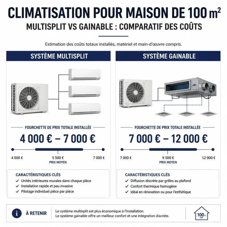 Infographie comparative des prix d'installation d'une climatisation pour une maison de 100m2