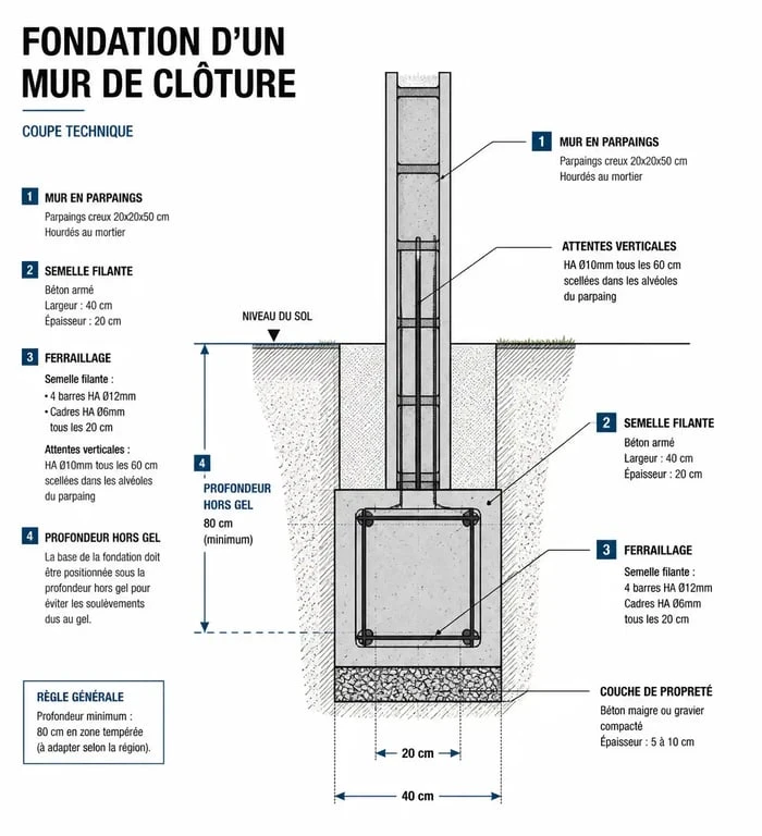 Schéma technique d'une fondation de mur de clôture avec ferraillage et profondeur hors gel