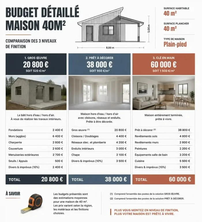 Infographie des prix pour une surélévation de maison de 40m2 selon le niveau de finition