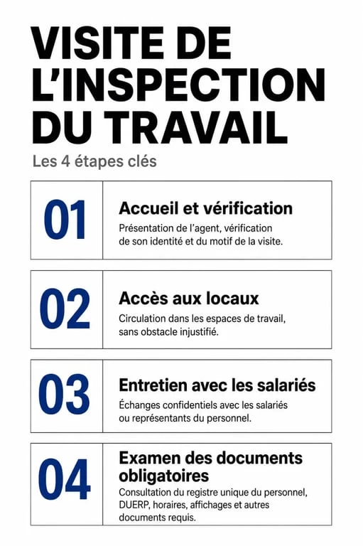 Infographie des étapes d'une visite surprise de l'inspection du travail en entreprise
