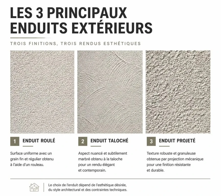 Trois textures de crépi pour muret extérieur : roulé, taloché et projeté