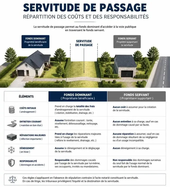 Répartition des frais et responsabilités pour des travaux sur servitude de passage entre fonds dominant et fonds servant