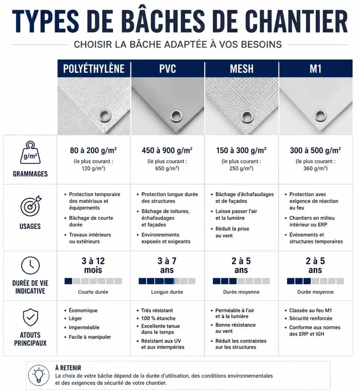 Comparatif des types de bache de chantier : Polyéthylène, PVC, Mesh et M1