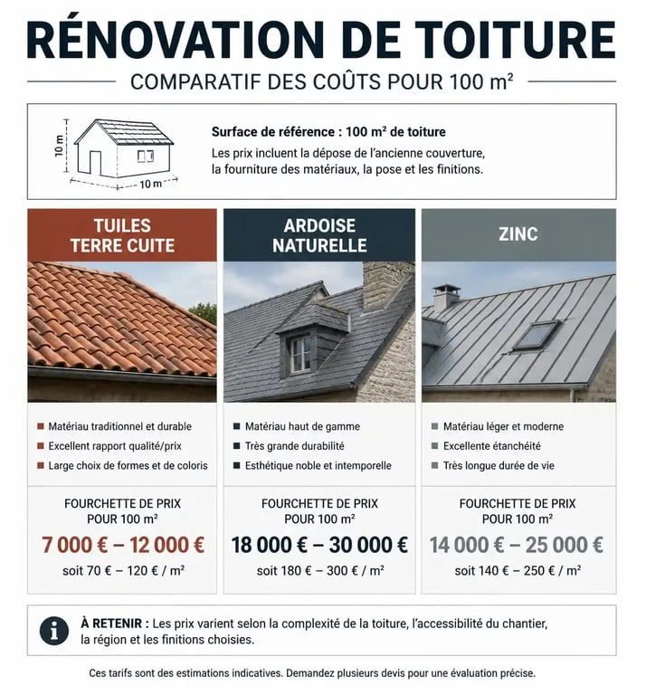 Comparatif des prix pour une toiture de 100m2 selon les matériaux