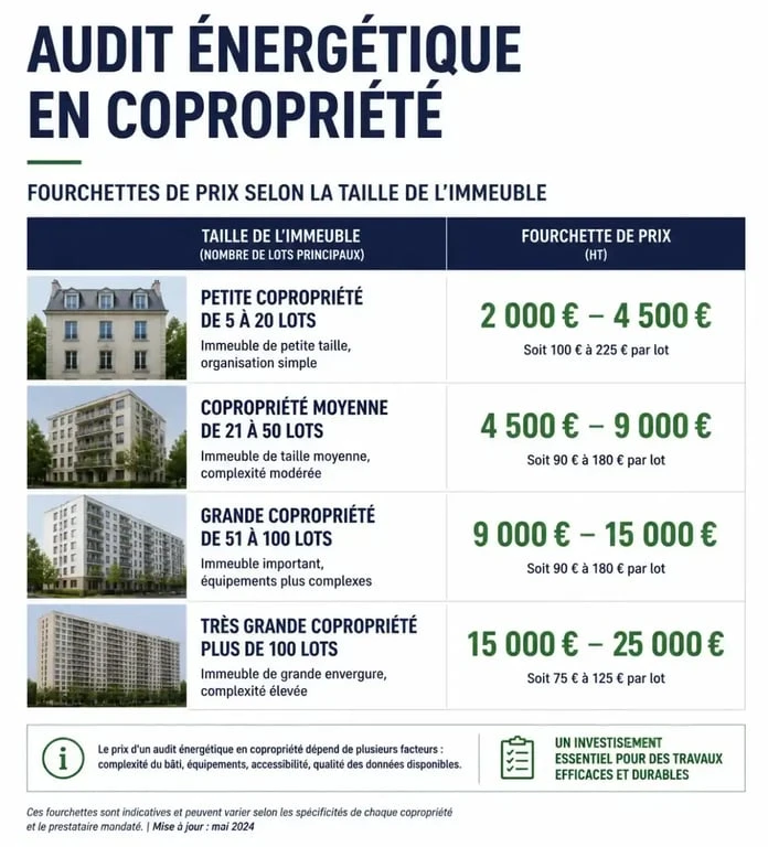 Tableau comparatif des prix d'un audit énergétique en copropriété selon la taille de l'immeuble