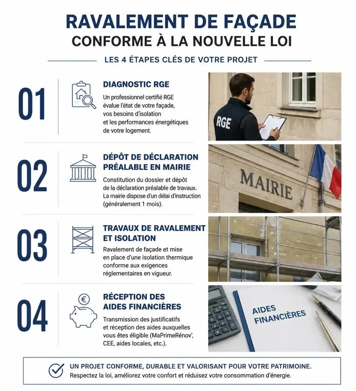 Infographie des étapes pour une nouvelle loi ravalement de façade conforme et réussie