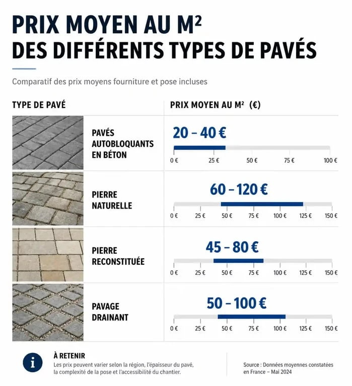 Comparatif des prix moyens au m2 pour la pose de pavés selon le matériau