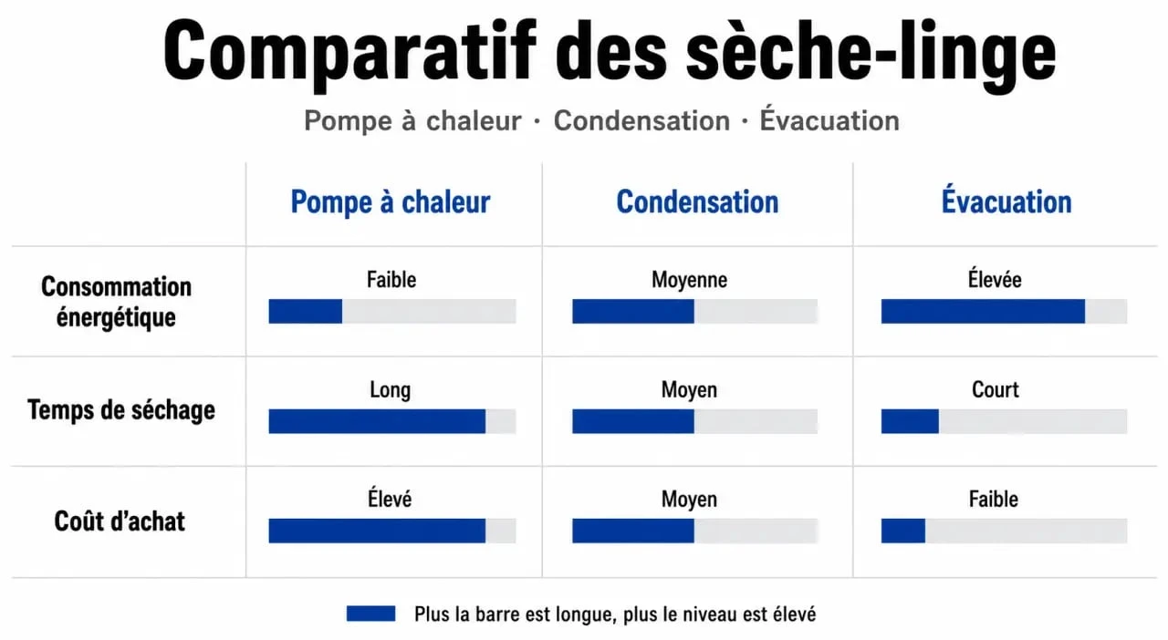 Comparatif des sèche-linge : pompe à chaleur, condensation et évacuation pour comprendre les inconvénients et avantages.