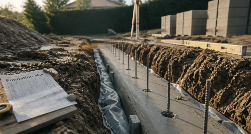 Fondation mur de cloture : tranchée 40 cm et semelle béton armée