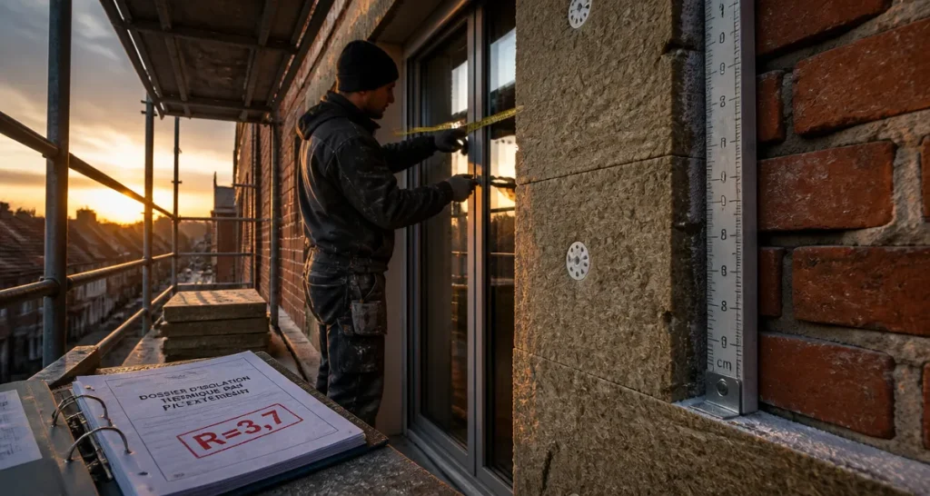 Isolation exterieure quelle epaisseur : panneau isolant 35 mm sur façade en chantier