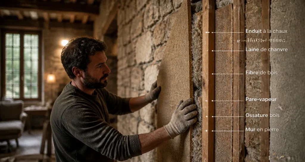 isoler un mur en pierre avec laine de chanvre et fibre de bois