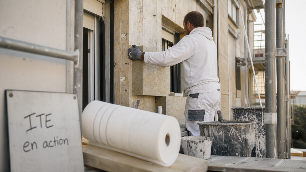 Iteiste en action posant l’ITE sur une façade en chantier