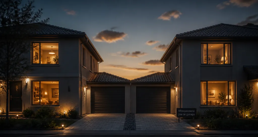Maison mitoyenne par le garage moderne de nuit