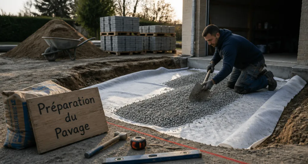 Pose pavage artisan prépare sol garage