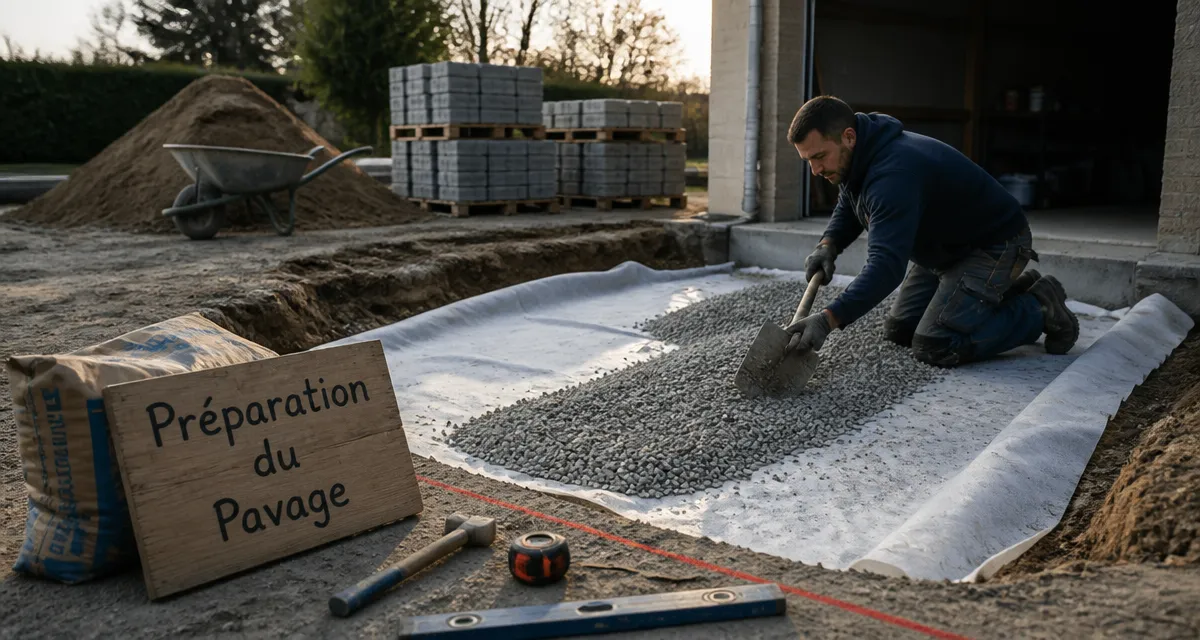Pose pavage artisan prépare sol garage